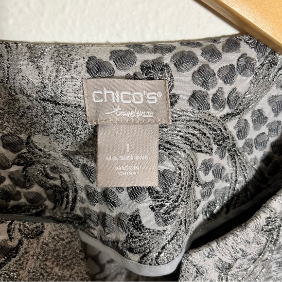 Chico's metallic brocade duster jacket blazer Patterned sz 1 8/10 silver gray - Picture 4 of 9